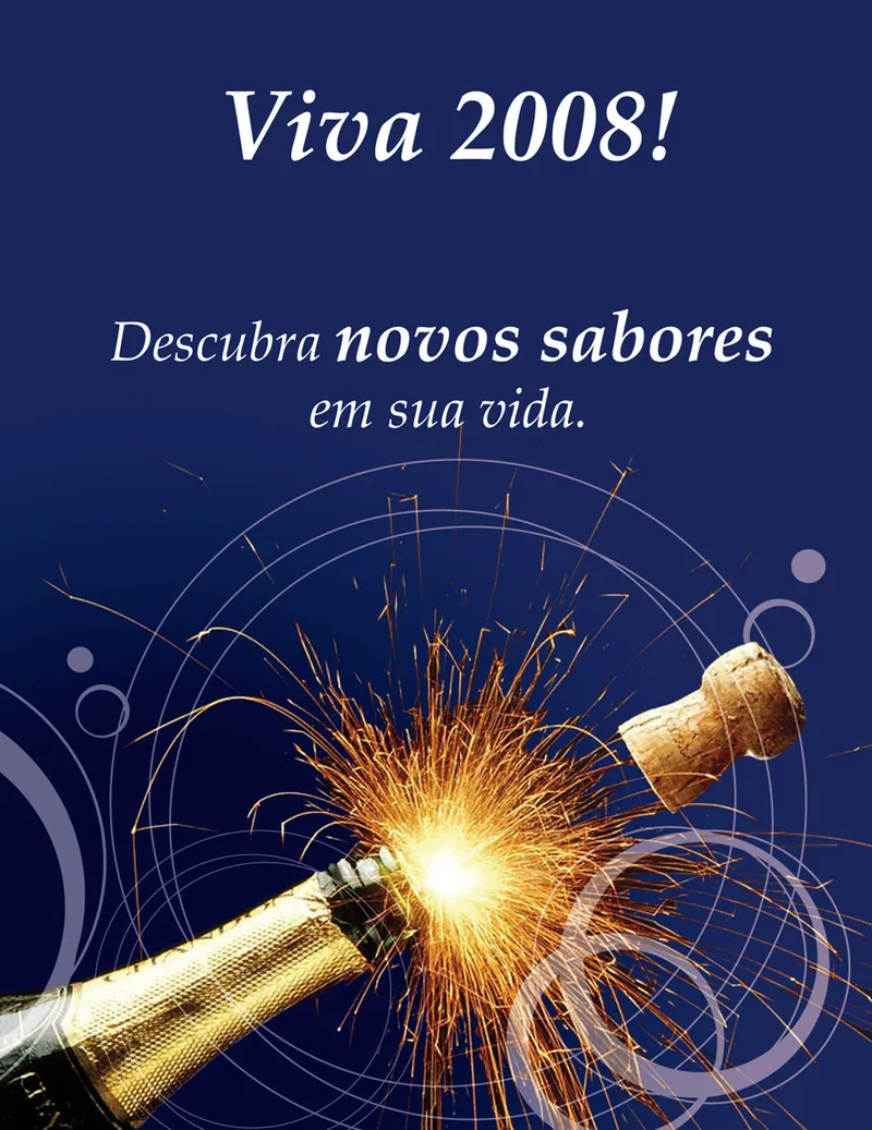 Contracapa de revista interna com uma garrafa de espumante estourando e a frase Viva 2008