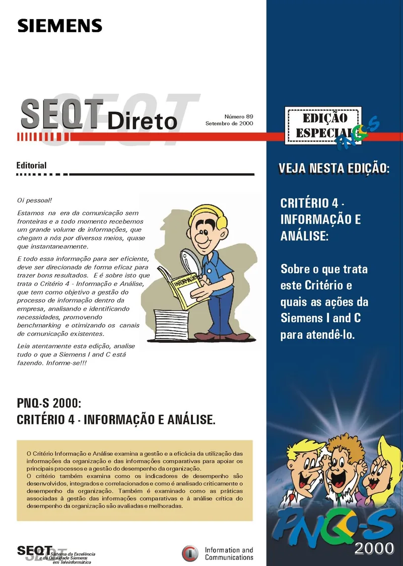 Capa da revista interna SEQT Direto, edição especial, com um personagem ilustrado lendo um relatório