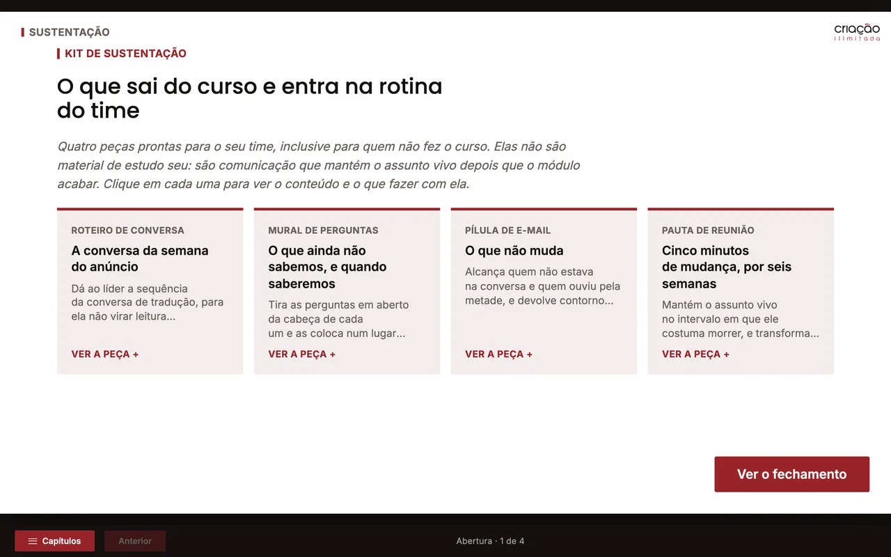Tela final de um curso online com as quatro peças do kit de sustentação: roteiro de conversa, mural de perguntas, pílula de e-mail e pauta de reunião.