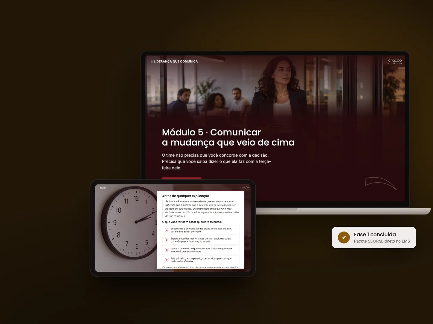 Composição com um notebook mostrando a capa de um módulo de curso online e um tablet com uma pergunta de múltipla escolha do mesmo curso.