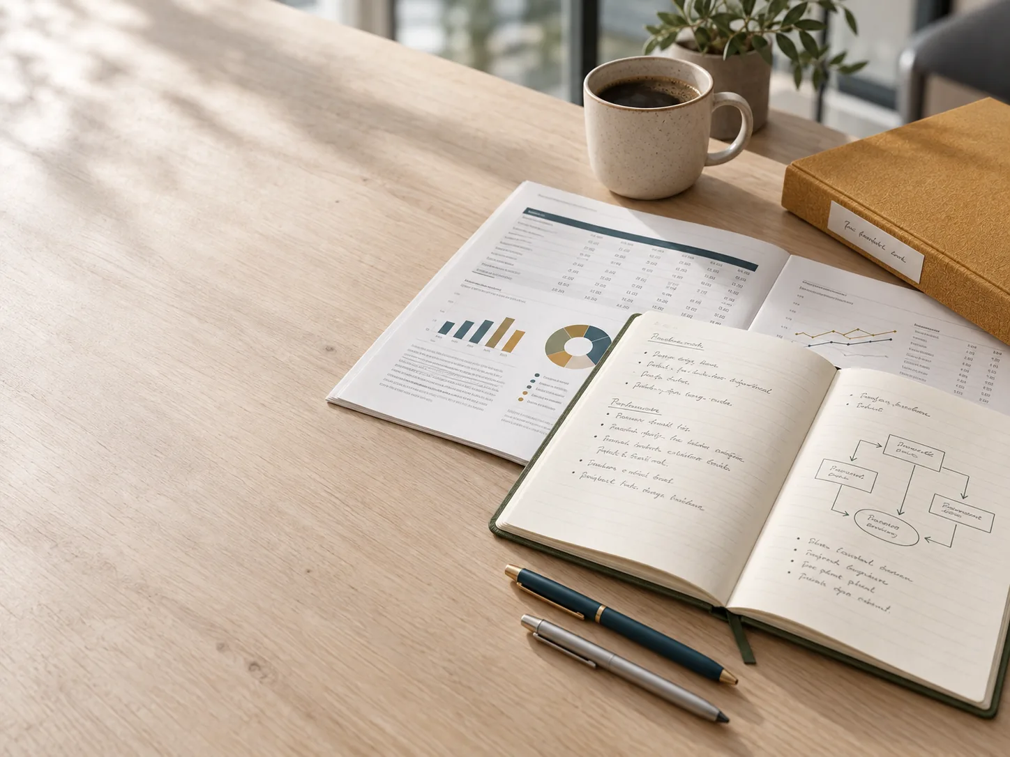 Relatório impresso aberto numa tabela, caderno com anotações e um diagrama de etapas à caneta, pasta com etiqueta escrita à mão e uma caneca sobre uma mesa de madeira clara.