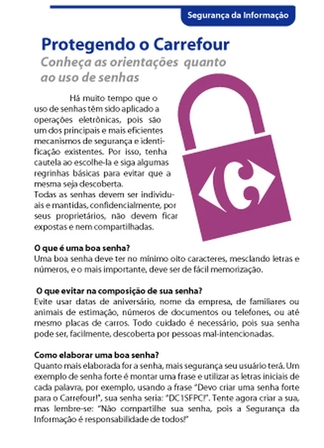 Página do informativo sobre segurança de senhas, com um cadeado roxo que tem o logo do Carrefour no lugar do buraco da chave