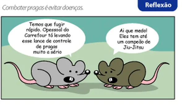 Tira em quadrinhos com dois ratos conversando sobre o controle de pragas nas lojas