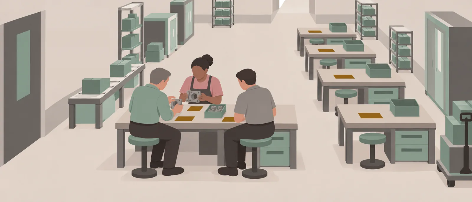 Ilustração de três pessoas montando uma peça numa bancada, com uma fileira de bancadas vazias e preparadas ao lado.