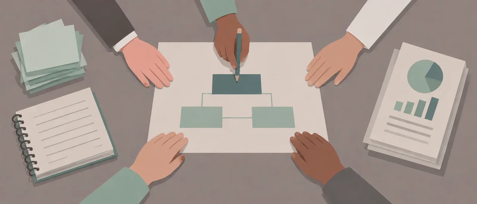 Ilustração de mãos de várias pessoas reunidas sobre uma única folha com um diagrama, com os papéis de antes empilhados em volta.