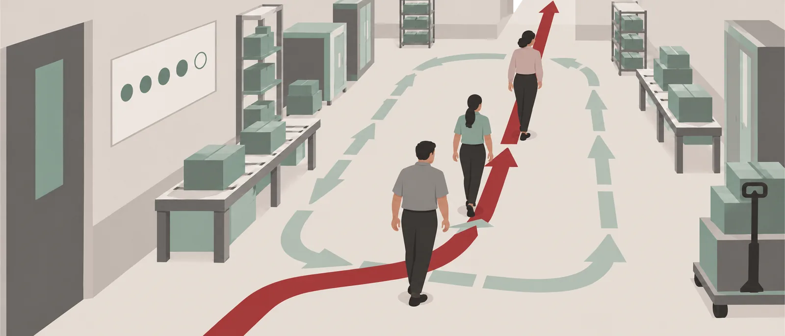 Ilustração do mesmo corredor de trabalho, agora com um trajeto novo pintado por cima das setas antigas e pessoas seguindo por ele.