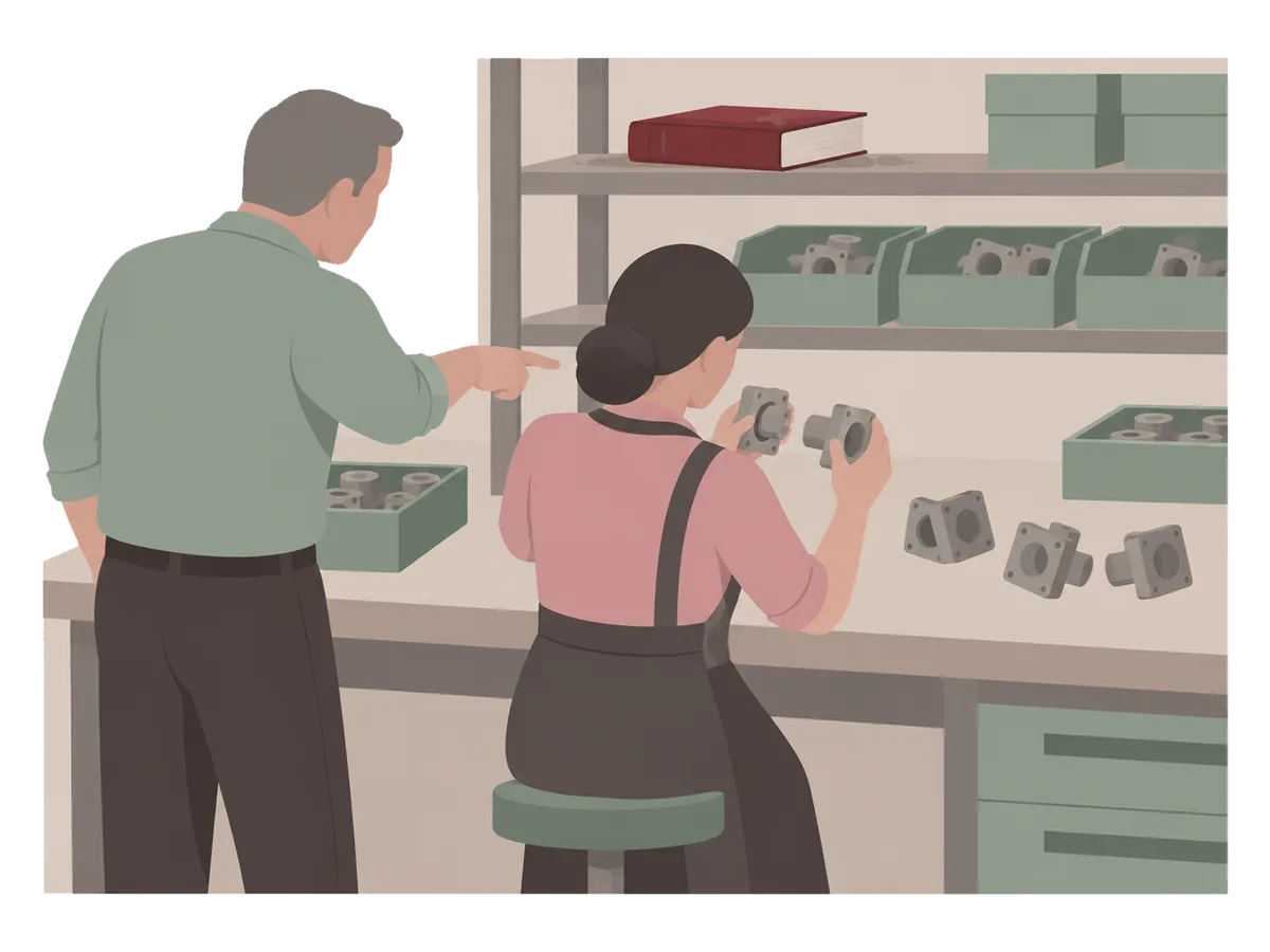 Ilustração de uma pessoa tentando montar uma peça por tentativa, com um manual fechado esquecido na prateleira.