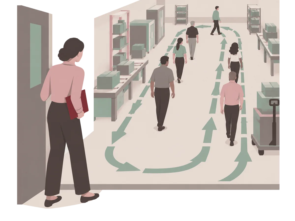 Ilustração de uma pessoa parada na porta do corredor de trabalho, onde as setas no chão desenham o mesmo circuito de sempre.